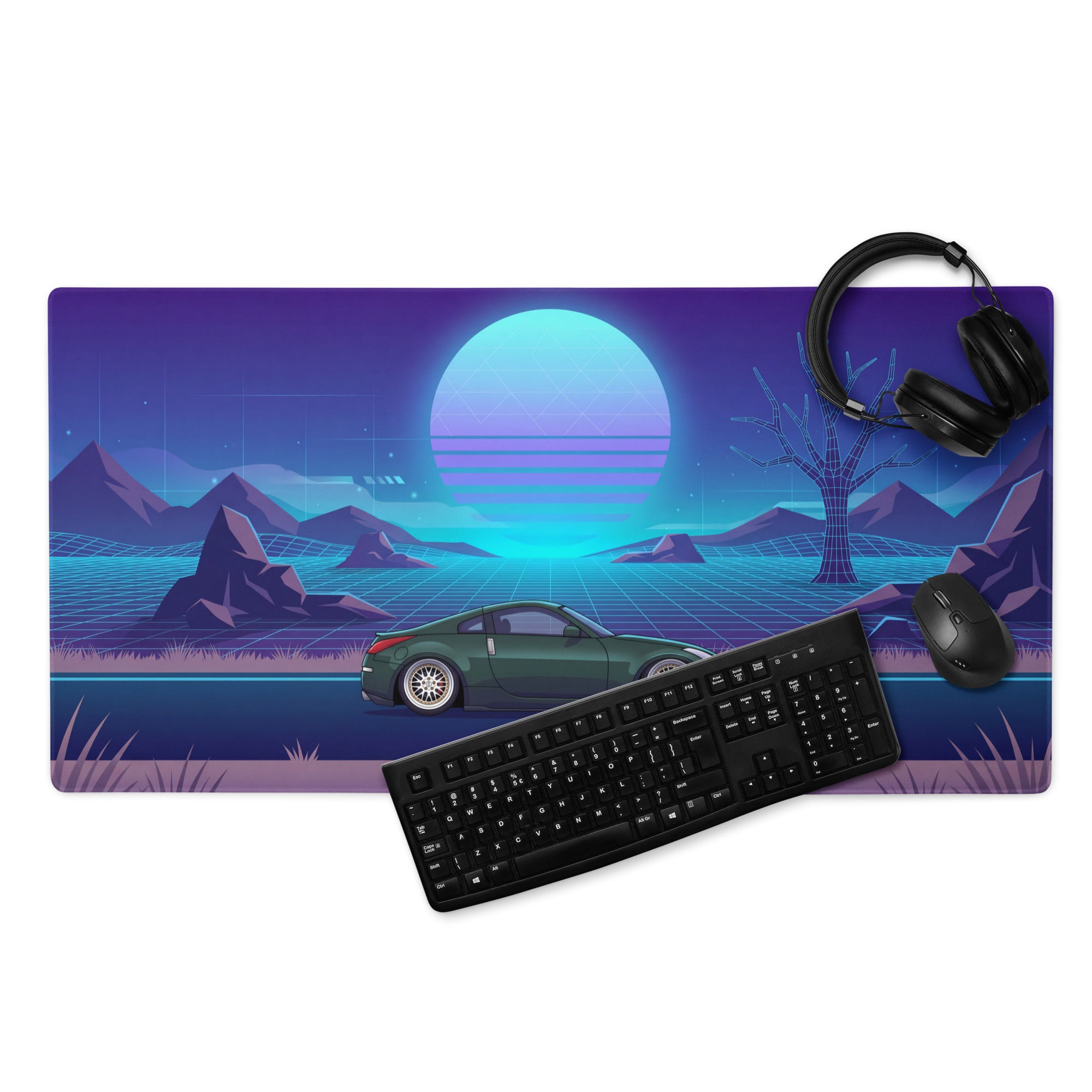 Nissan 350Z Z33 Inspired Green Blue Vaporwave Gaming Mouse Pad, Neon JDM Sports Car Desk Mat with Retro Futuristic Grid Sunset Artwork
