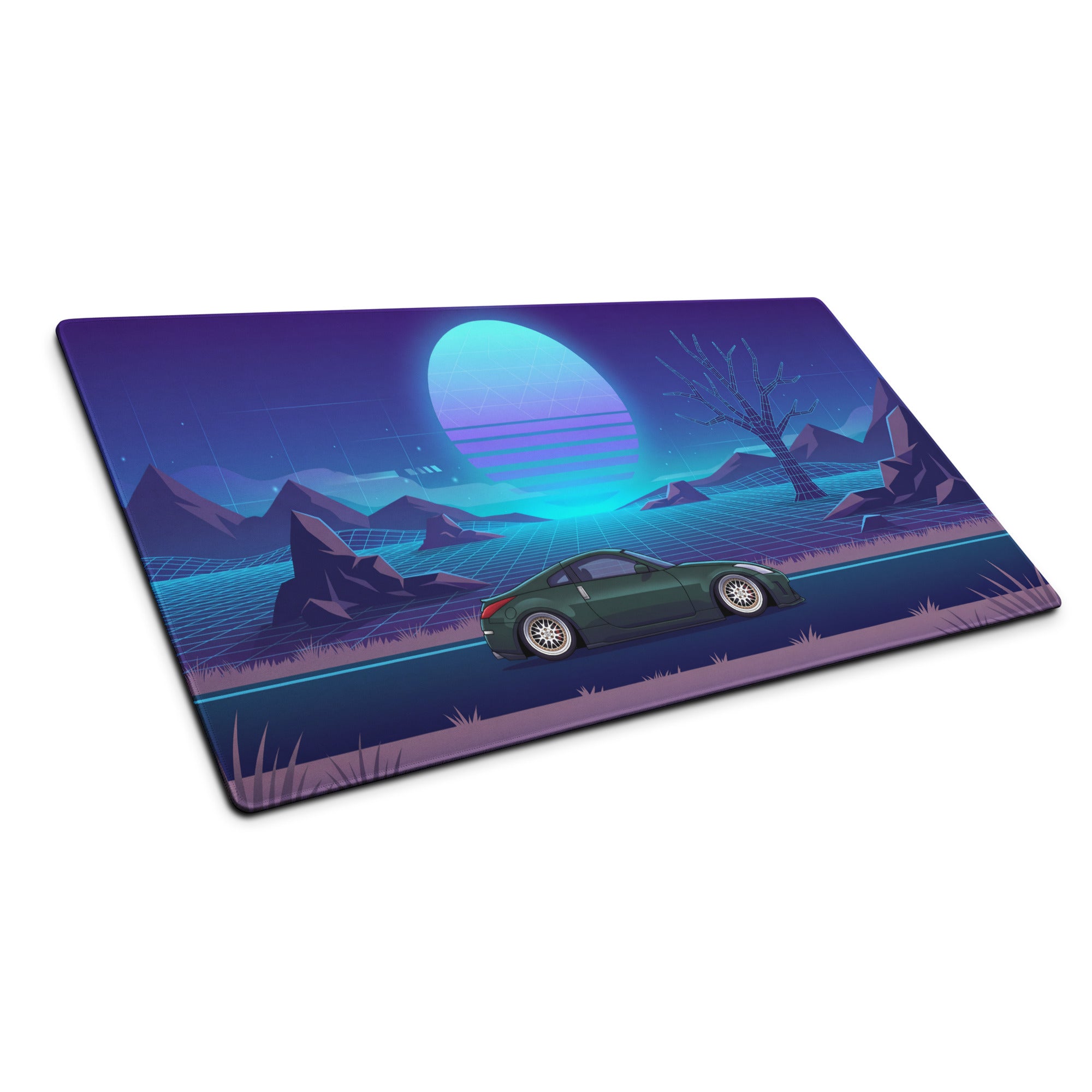 Nissan 350Z Z33 Inspired Green Blue Vaporwave Gaming Mouse Pad, Neon JDM Sports Car Desk Mat with Retro Futuristic Grid Sunset Artwork