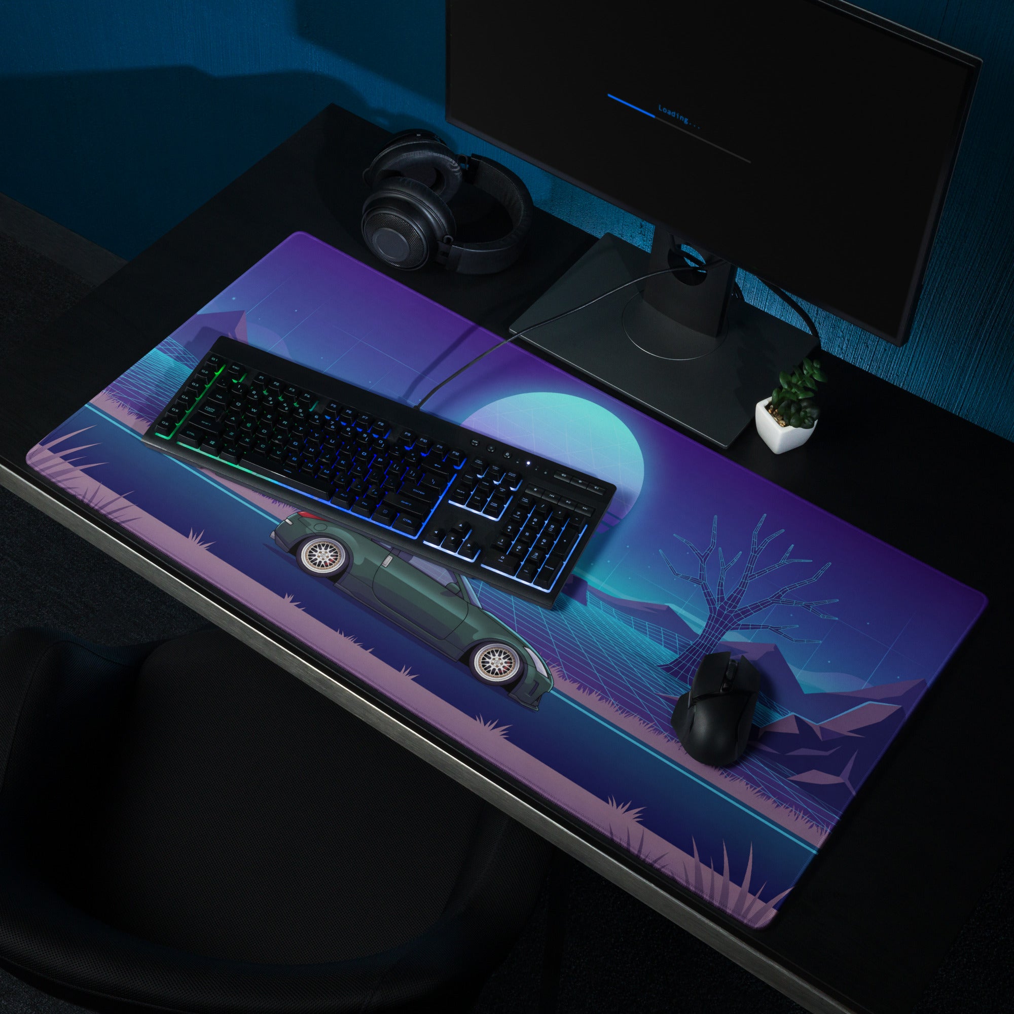 Nissan 350Z Z33 Inspired Green Blue Vaporwave Gaming Mouse Pad, Neon JDM Sports Car Desk Mat with Retro Futuristic Grid Sunset Artwork