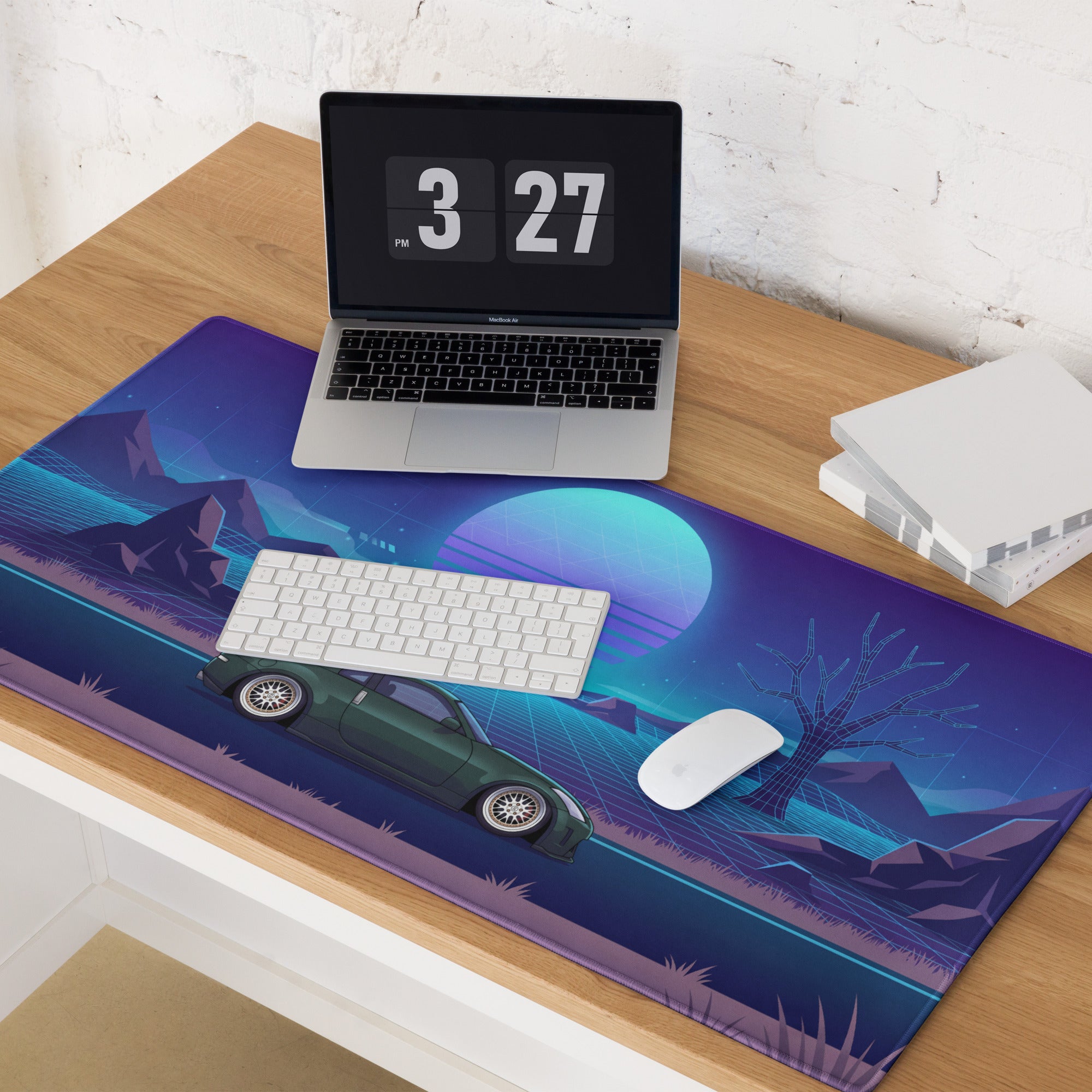 Nissan 350Z Z33 Inspired Green Blue Vaporwave Gaming Mouse Pad, Neon JDM Sports Car Desk Mat with Retro Futuristic Grid Sunset Artwork