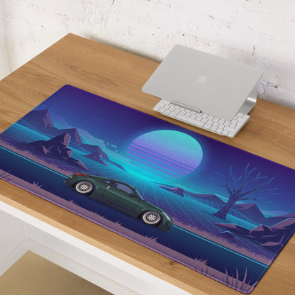 Nissan 350Z Z33 Inspired Green Blue Vaporwave Gaming Mouse Pad, Neon JDM Sports Car Desk Mat with Retro Futuristic Grid Sunset Artwork
