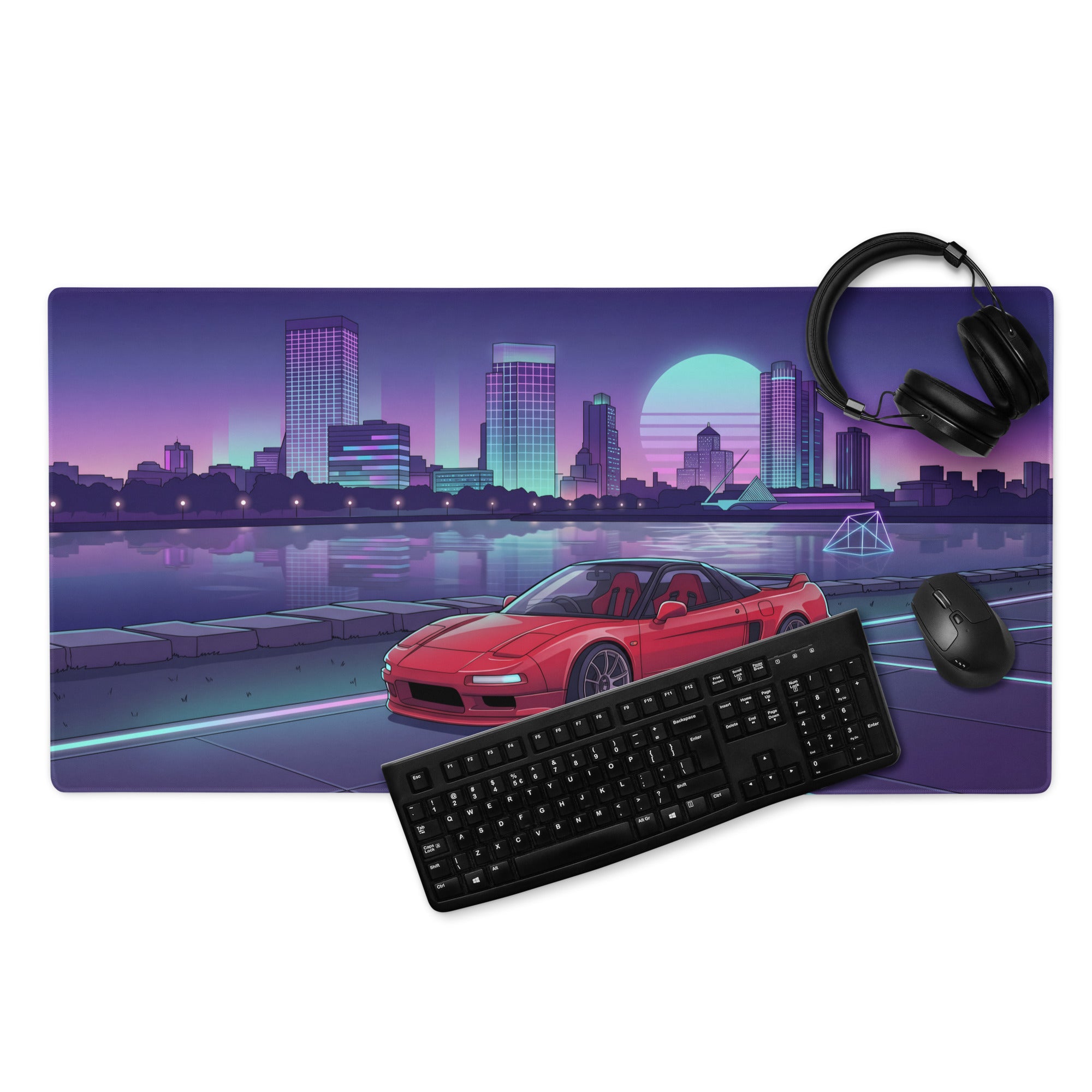 Honda NSX Inspired Red Purple Vaporwave Gaming Mouse Pad, Neon JDM Supercar Desk Mat with Retro Futuristic City Skyline Artwork