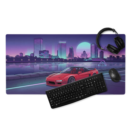 Honda NSX Inspired Red Purple Vaporwave Gaming Mouse Pad, Neon JDM Supercar Desk Mat with Retro Futuristic City Skyline Artwork