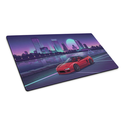 Honda NSX Inspired Red Purple Vaporwave Gaming Mouse Pad, Neon JDM Supercar Desk Mat with Retro Futuristic City Skyline Artwork