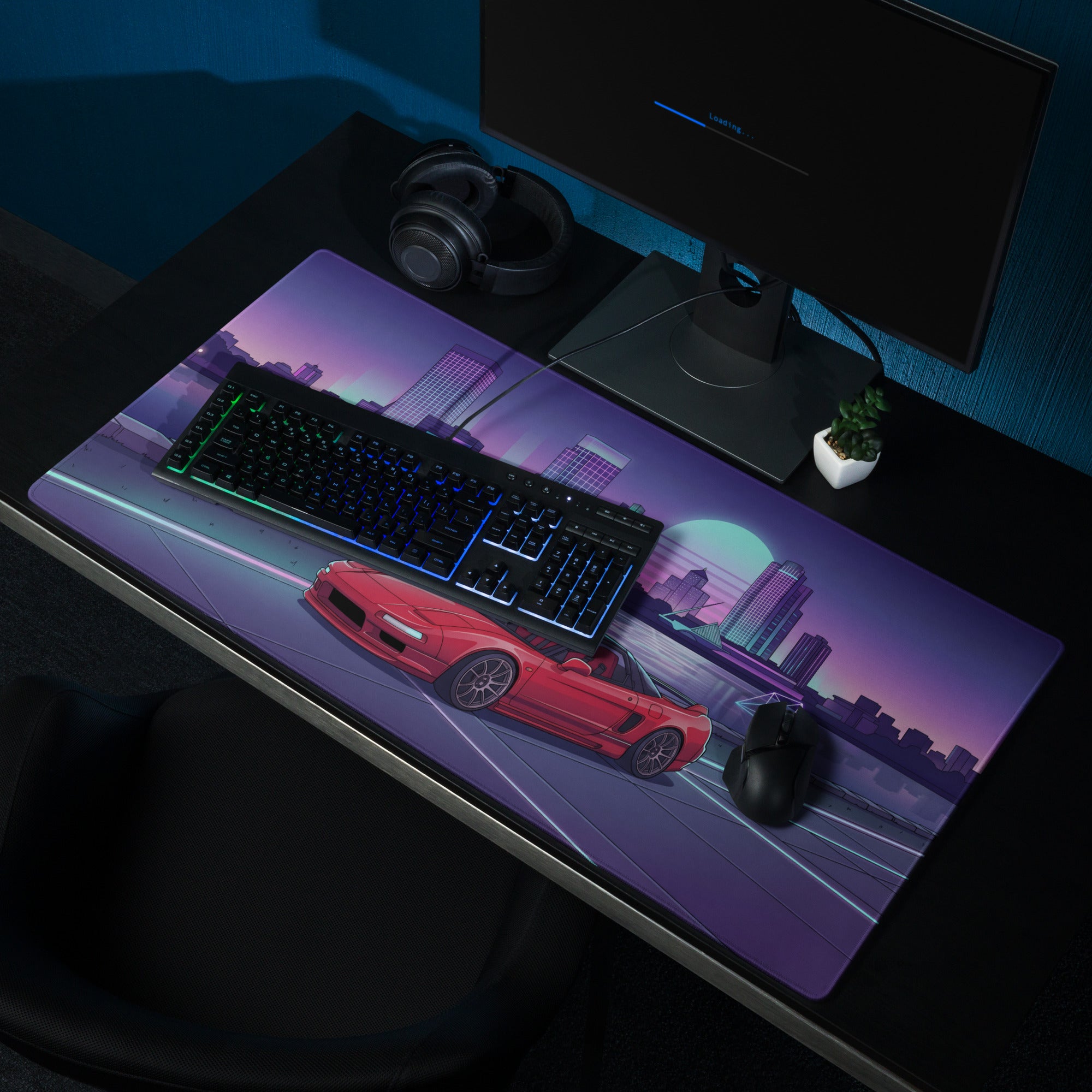 Honda NSX Inspired Red Purple Vaporwave Gaming Mouse Pad, Neon JDM Supercar Desk Mat with Retro Futuristic City Skyline Artwork