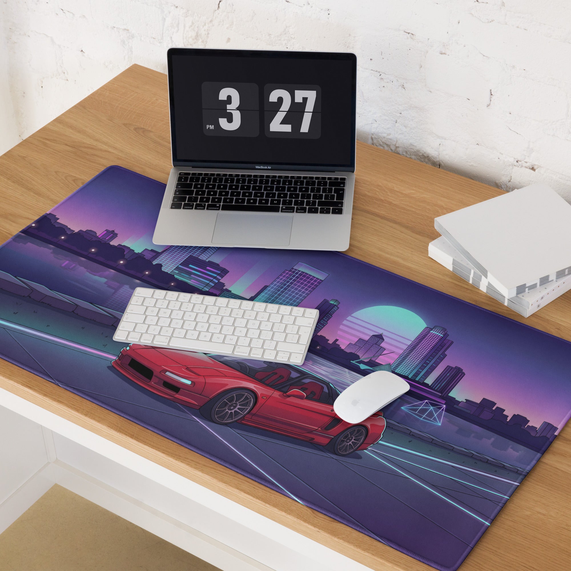 Honda NSX Inspired Red Purple Vaporwave Gaming Mouse Pad, Neon JDM Supercar Desk Mat with Retro Futuristic City Skyline Artwork