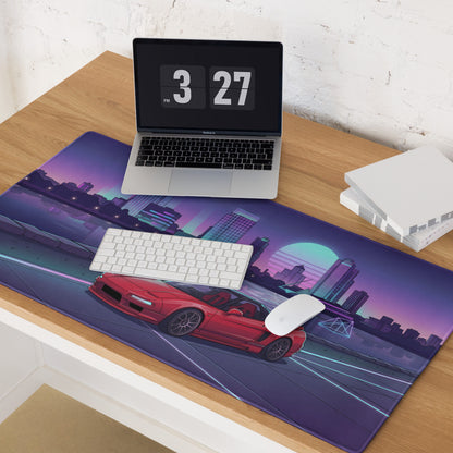 Honda NSX Inspired Red Purple Vaporwave Gaming Mouse Pad, Neon JDM Supercar Desk Mat with Retro Futuristic City Skyline Artwork