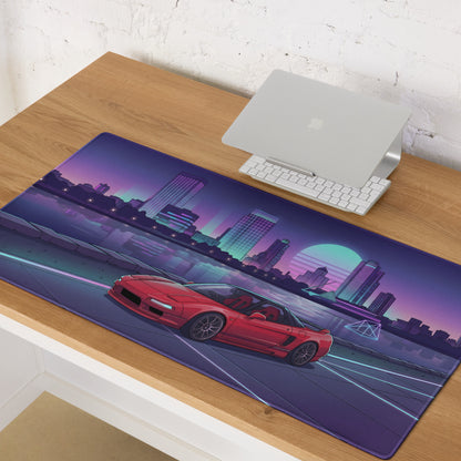 Honda NSX Inspired Red Purple Vaporwave Gaming Mouse Pad, Neon JDM Supercar Desk Mat with Retro Futuristic City Skyline Artwork