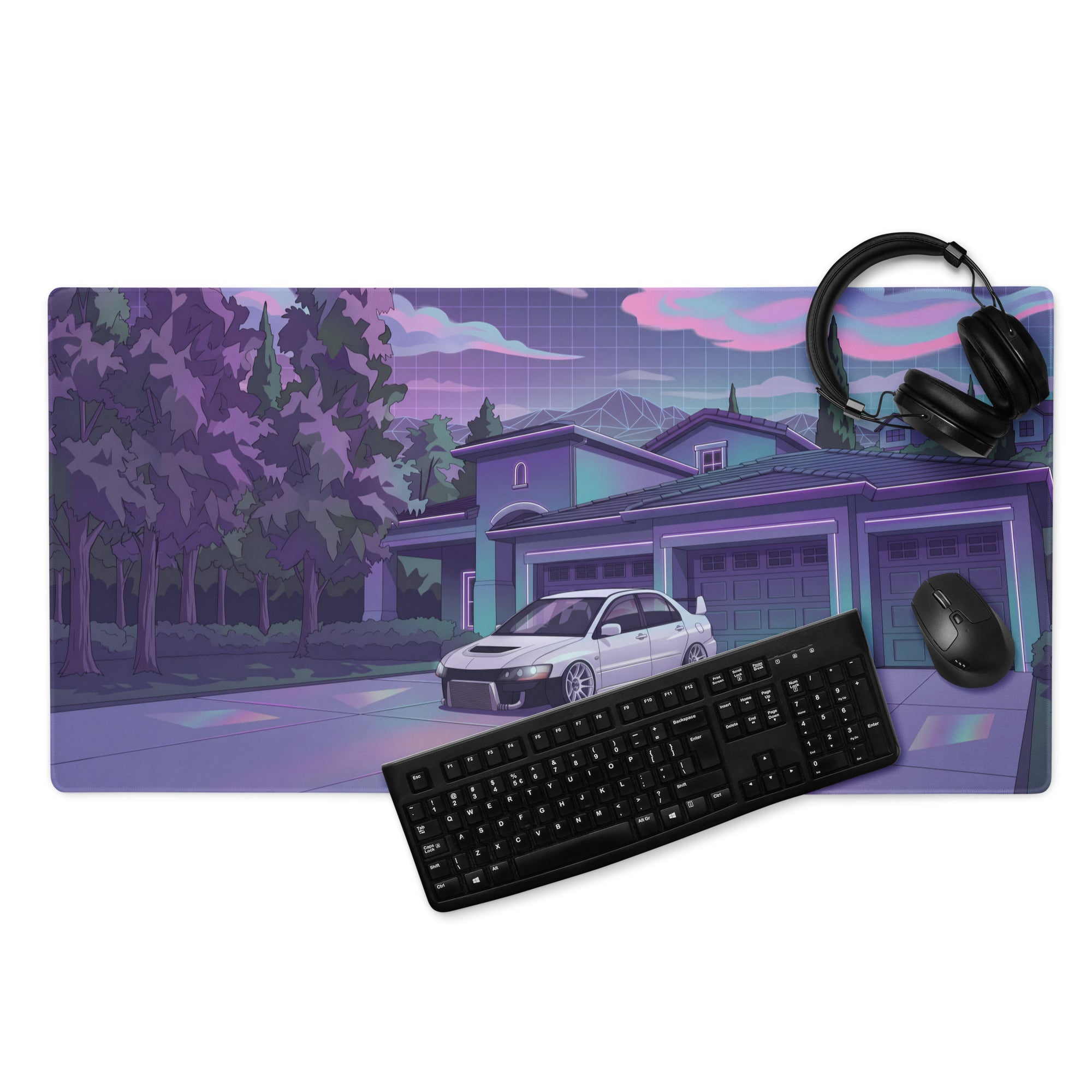 Mitsubishi Lancer Evolution IX Inspired White Purple Vaporwave Gaming Mouse Pad, Neon JDM Tuner Car Desk Mat with Retro Futuristic Night Art