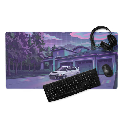 Mitsubishi Lancer Evolution IX Inspired White Purple Vaporwave Gaming Mouse Pad, Neon JDM Tuner Car Desk Mat with Retro Futuristic Night Art