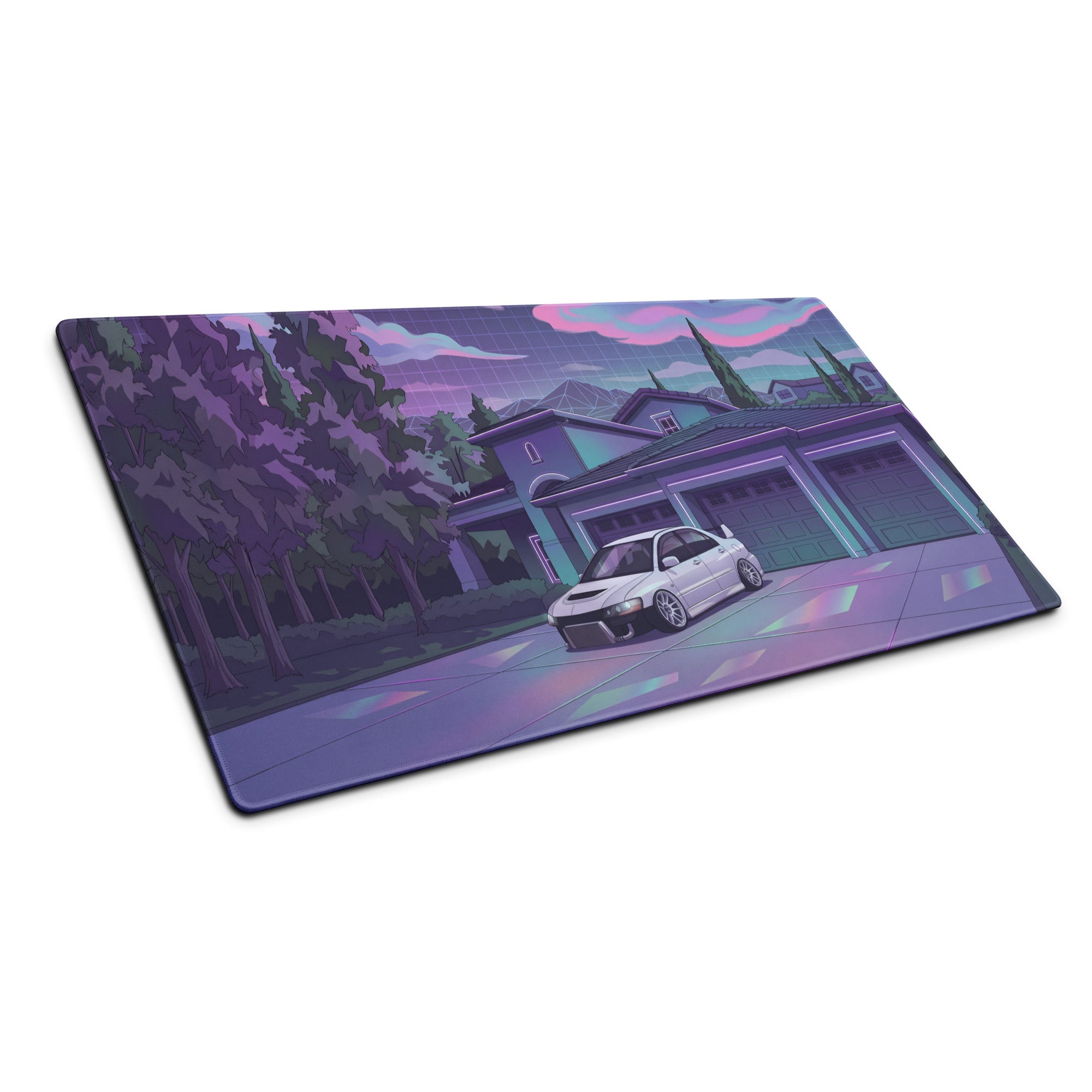 Mitsubishi Lancer Evolution IX Inspired White Purple Vaporwave Gaming Mouse Pad, Neon JDM Tuner Car Desk Mat with Retro Futuristic Night Art