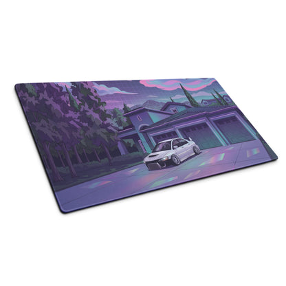 Mitsubishi Lancer Evolution IX Inspired White Purple Vaporwave Gaming Mouse Pad, Neon JDM Tuner Car Desk Mat with Retro Futuristic Night Art