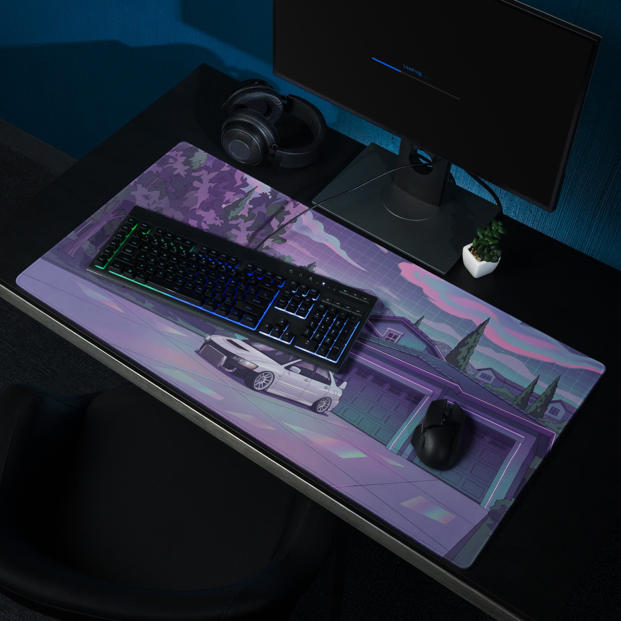 Mitsubishi Lancer Evolution IX Inspired White Purple Vaporwave Gaming Mouse Pad, Neon JDM Tuner Car Desk Mat with Retro Futuristic Night Art