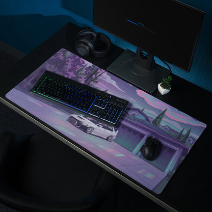 Mitsubishi Lancer Evolution IX Inspired White Purple Vaporwave Gaming Mouse Pad, Neon JDM Tuner Car Desk Mat with Retro Futuristic Night Art
