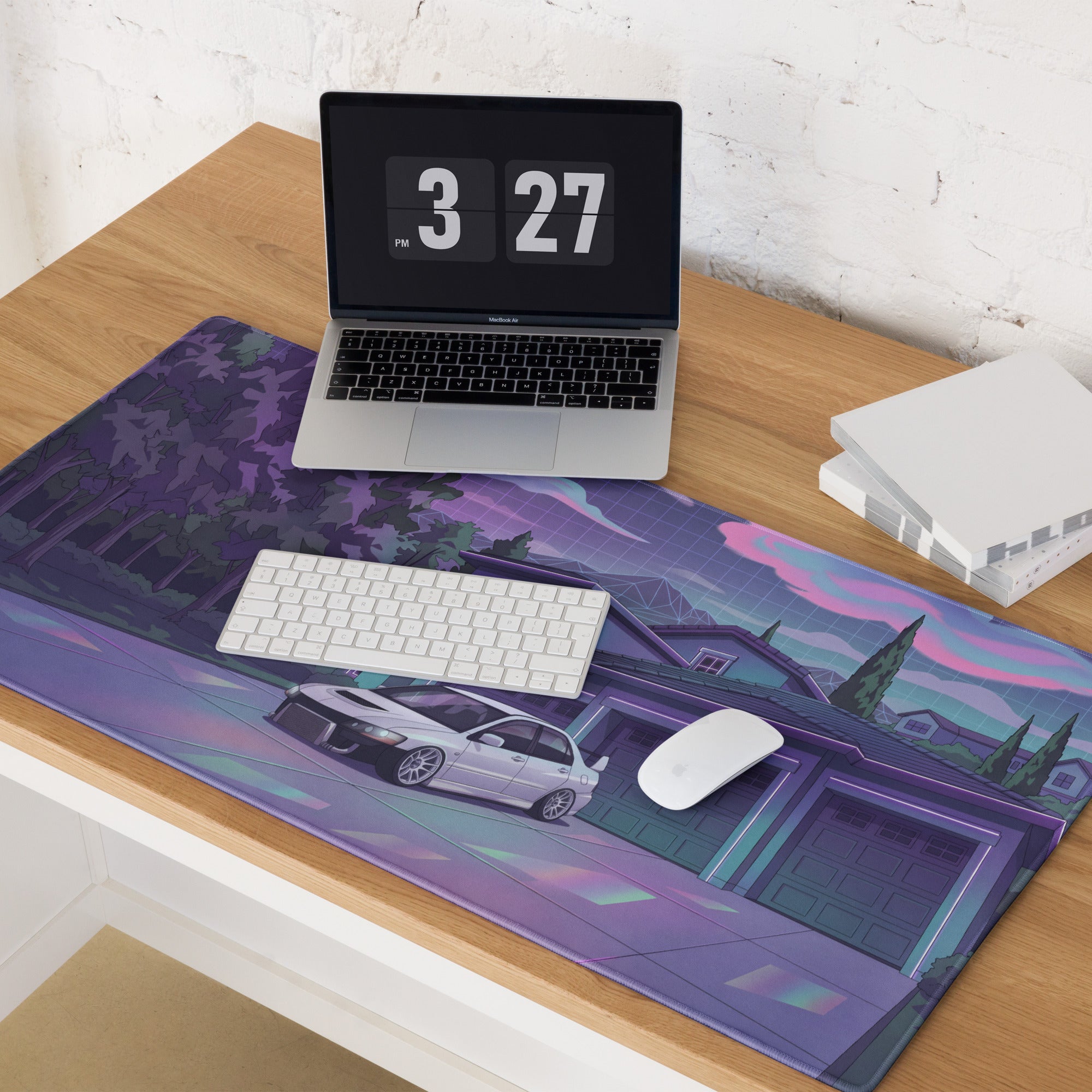 Mitsubishi Lancer Evolution IX Inspired White Purple Vaporwave Gaming Mouse Pad, Neon JDM Tuner Car Desk Mat with Retro Futuristic Night Art