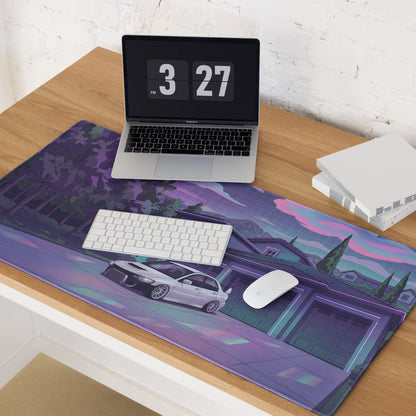 Mitsubishi Lancer Evolution IX Inspired White Purple Vaporwave Gaming Mouse Pad, Neon JDM Tuner Car Desk Mat with Retro Futuristic Night Art