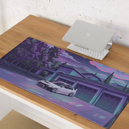 Mitsubishi Lancer Evolution IX Inspired White Purple Vaporwave Gaming Mouse Pad, Neon JDM Tuner Car Desk Mat with Retro Futuristic Night Art