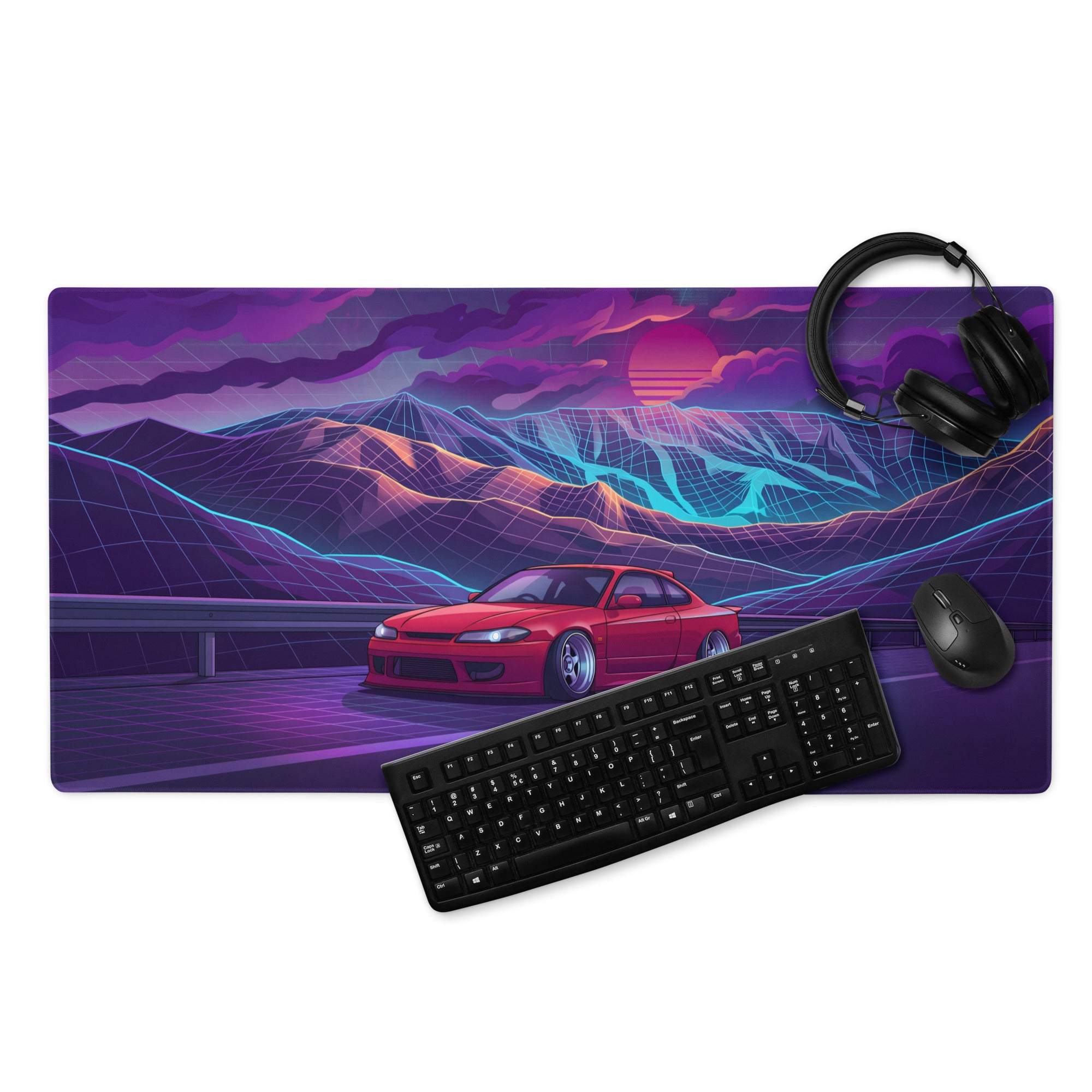 Nissan Silvia S15 Inspired Red Purple Vaporwave Gaming Mouse Pad, Neon JDM Drift Car Desk Mat with Retro Futuristic Mountain Sunset Artwork