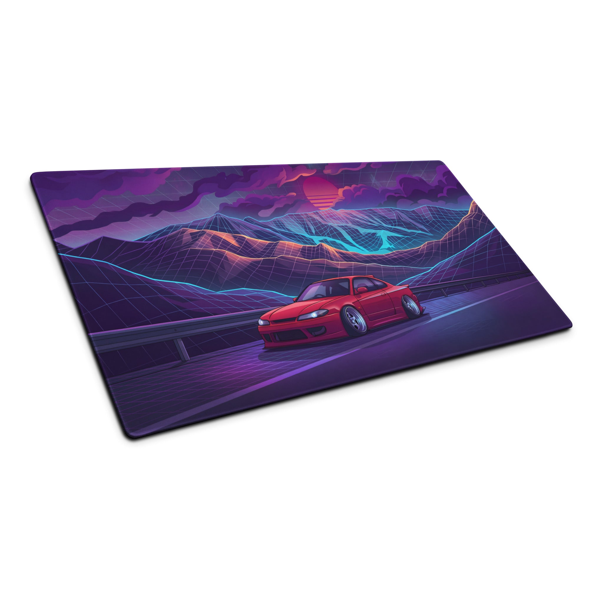 Nissan Silvia S15 Inspired Red Purple Vaporwave Gaming Mouse Pad, Neon JDM Drift Car Desk Mat with Retro Futuristic Mountain Sunset Artwork