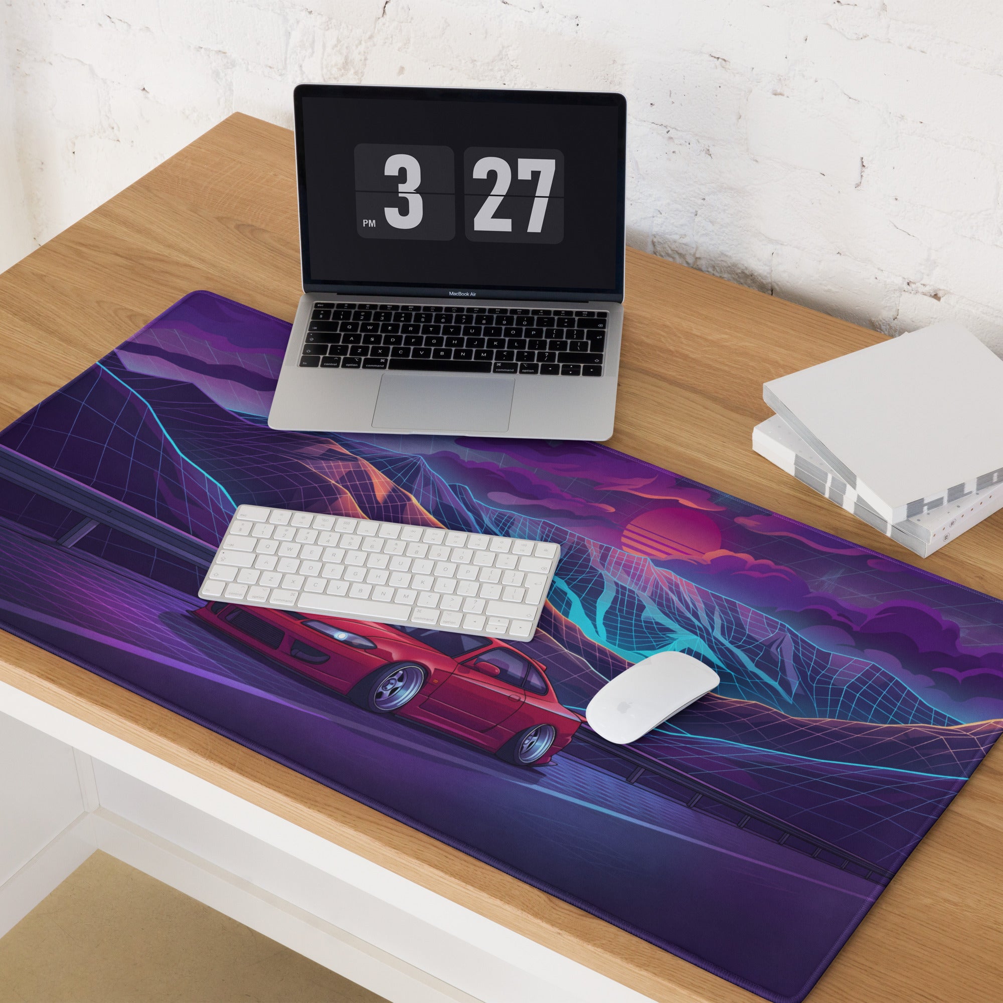 Nissan Silvia S15 Inspired Red Purple Vaporwave Gaming Mouse Pad, Neon JDM Drift Car Desk Mat with Retro Futuristic Mountain Sunset Artwork
