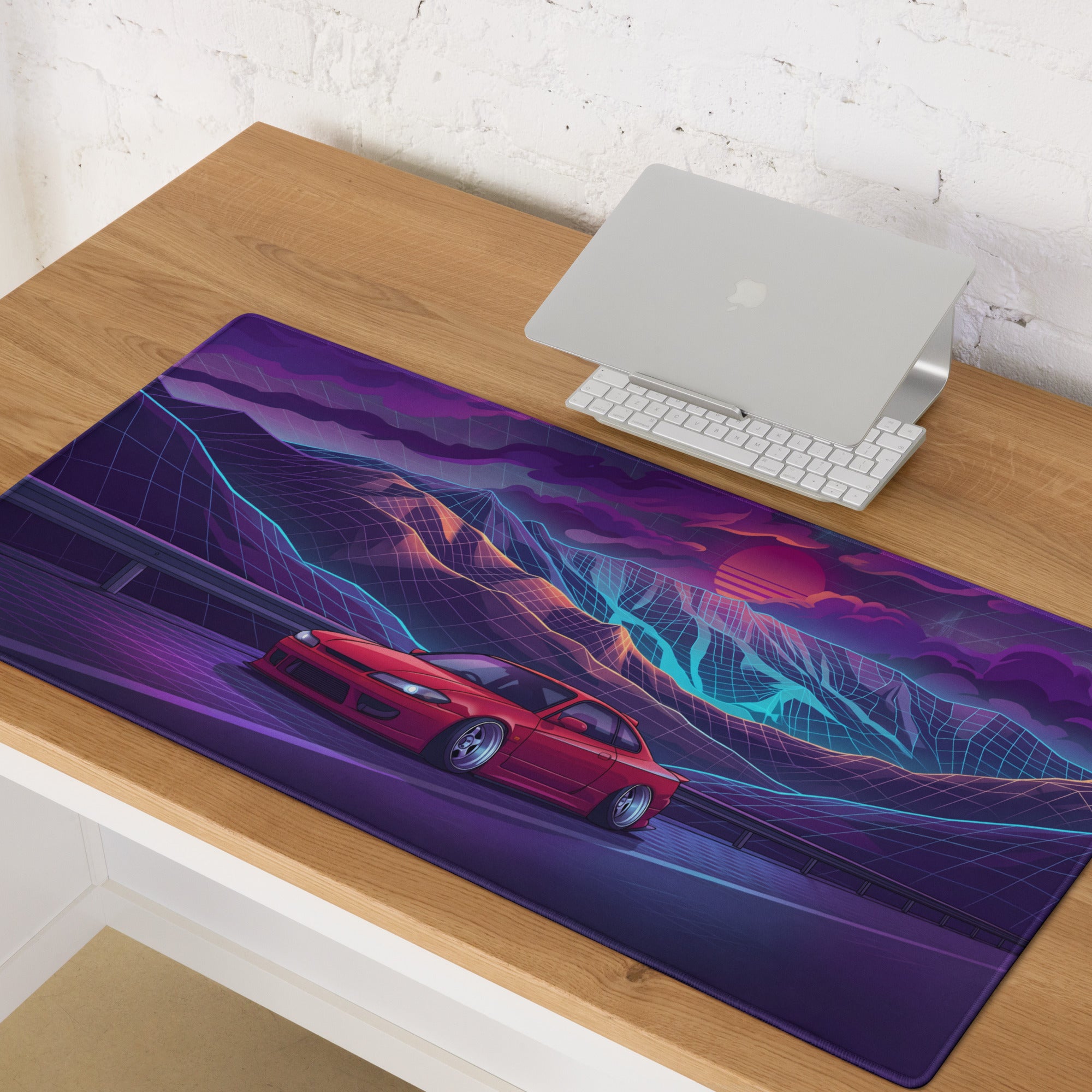 Nissan Silvia S15 Inspired Red Purple Vaporwave Gaming Mouse Pad, Neon JDM Drift Car Desk Mat with Retro Futuristic Mountain Sunset Artwork