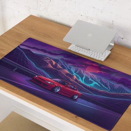 Nissan Silvia S15 Inspired Red Purple Vaporwave Gaming Mouse Pad, Neon JDM Drift Car Desk Mat with Retro Futuristic Mountain Sunset Artwork