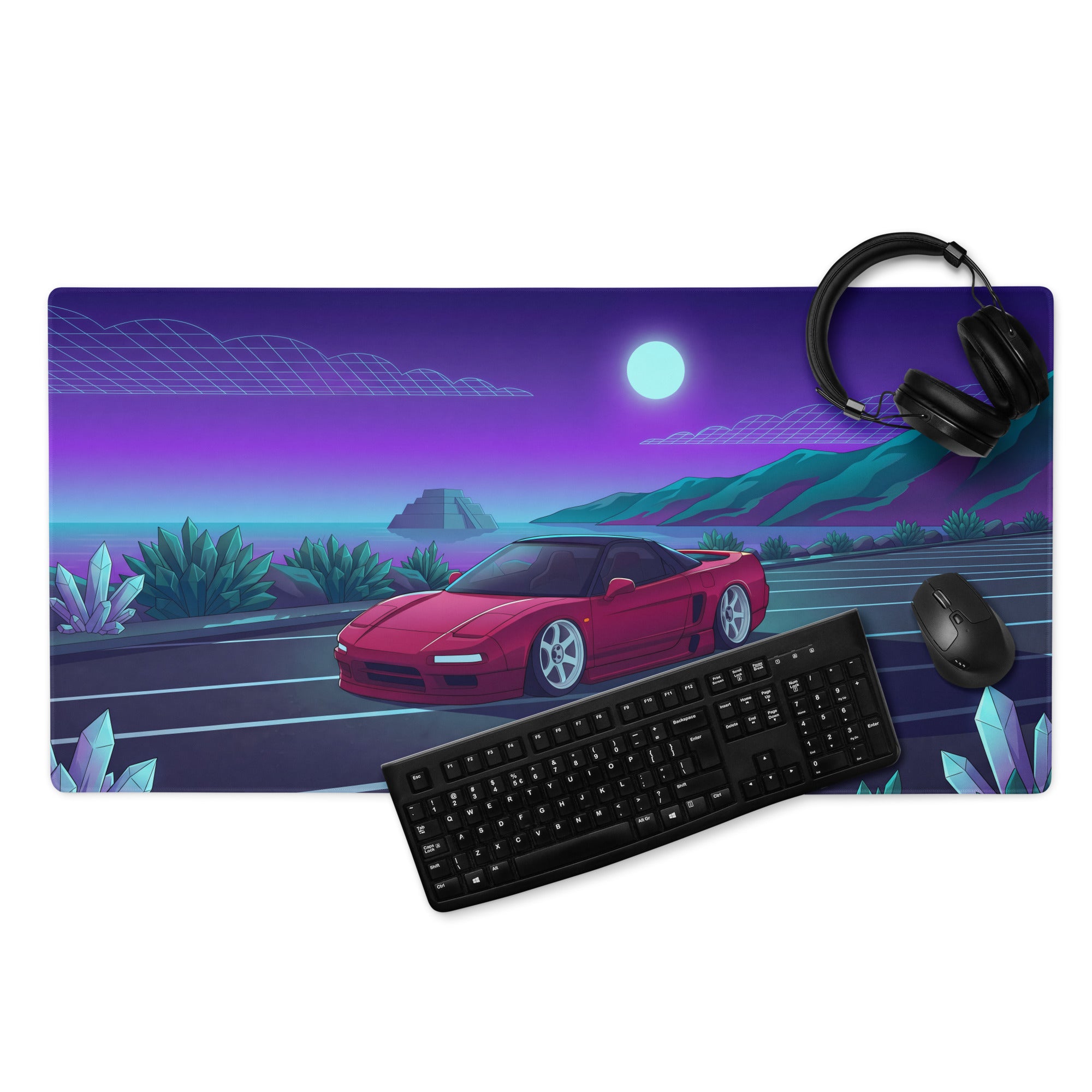 Honda NSX Inspired Red Purple Vaporwave Gaming Mouse Pad, Neon JDM Supercar Desk Mat with Retro Futuristic Moonlit Coastal Crystal Artwork