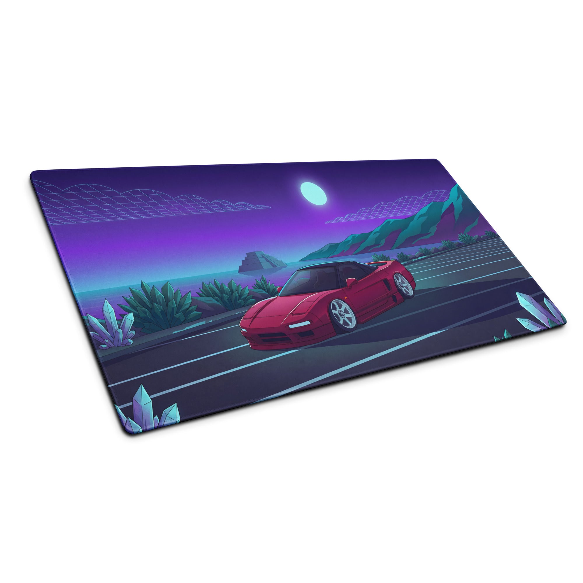 Honda NSX Inspired Red Purple Vaporwave Gaming Mouse Pad, Neon JDM Supercar Desk Mat with Retro Futuristic Moonlit Coastal Crystal Artwork