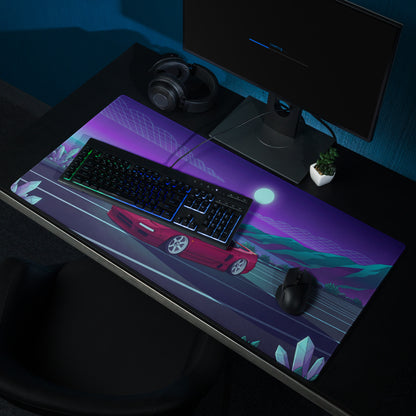 Honda NSX Inspired Red Purple Vaporwave Gaming Mouse Pad, Neon JDM Supercar Desk Mat with Retro Futuristic Moonlit Coastal Crystal Artwork