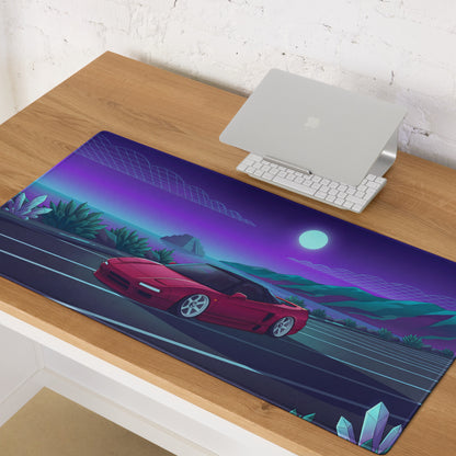Honda NSX Inspired Red Purple Vaporwave Gaming Mouse Pad, Neon JDM Supercar Desk Mat with Retro Futuristic Moonlit Coastal Crystal Artwork