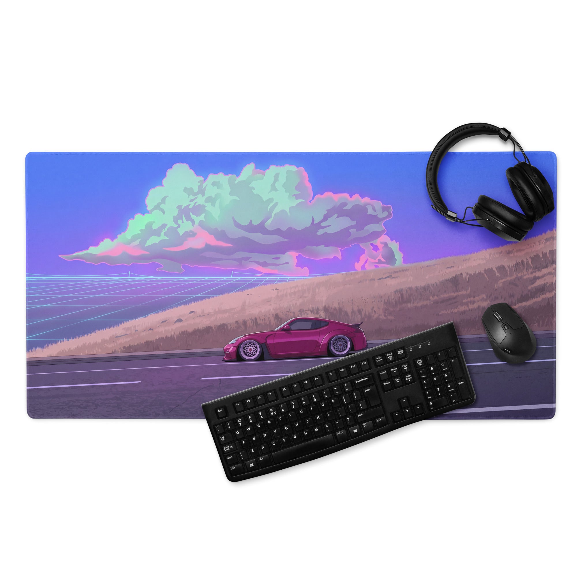 Nissan 370Z Z34 Inspired Magenta Blue Vaporwave Gaming Mouse Pad, Neon JDM Sports Car Desk Mat with Retro Futuristic Highway Cloud Artwork