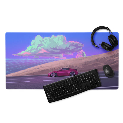 Nissan 370Z Z34 Inspired Magenta Blue Vaporwave Gaming Mouse Pad, Neon JDM Sports Car Desk Mat with Retro Futuristic Highway Cloud Artwork