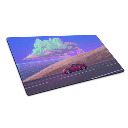 Nissan 370Z Z34 Inspired Magenta Blue Vaporwave Gaming Mouse Pad, Neon JDM Sports Car Desk Mat with Retro Futuristic Highway Cloud Artwork