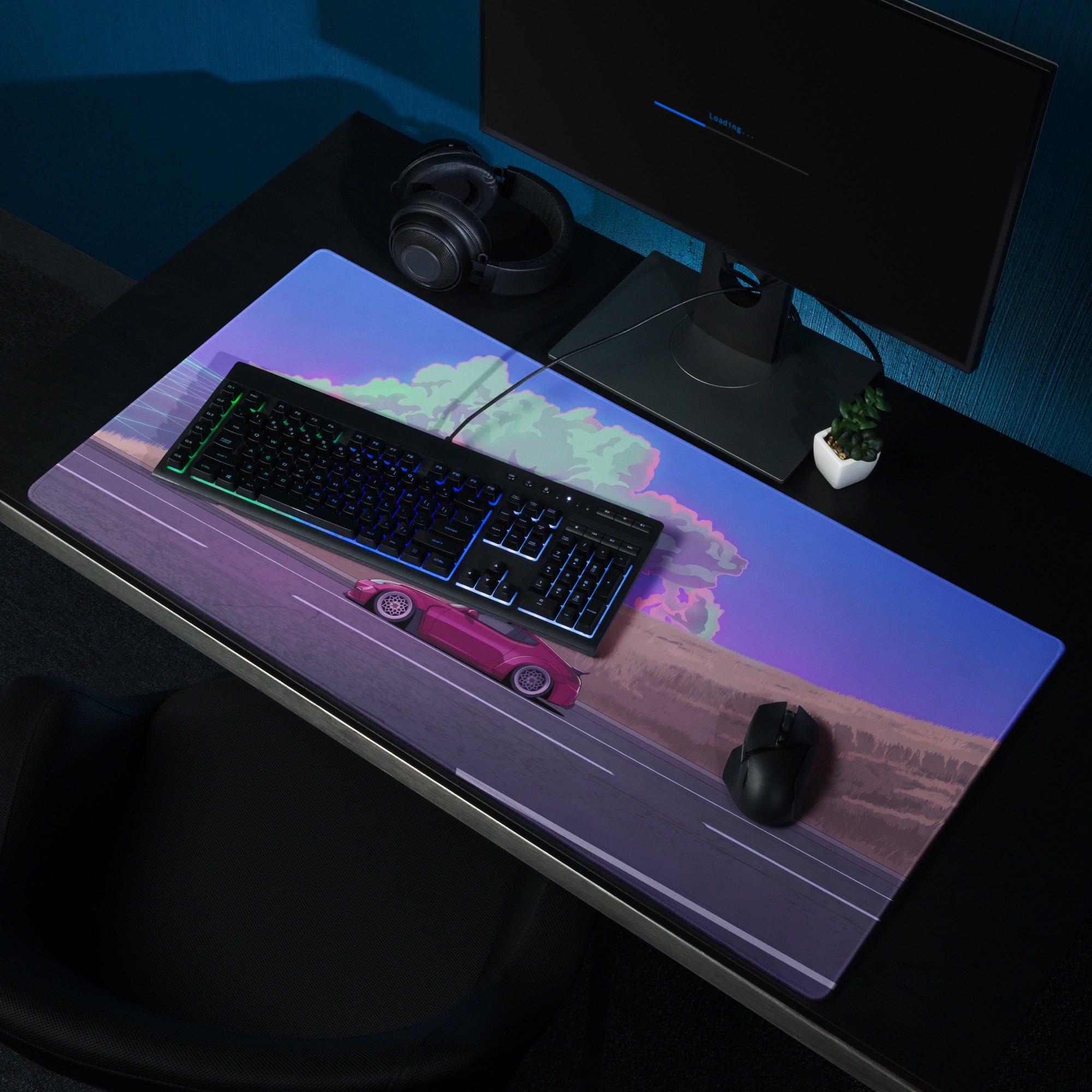 Nissan 370Z Z34 Inspired Magenta Blue Vaporwave Gaming Mouse Pad, Neon JDM Sports Car Desk Mat with Retro Futuristic Highway Cloud Artwork