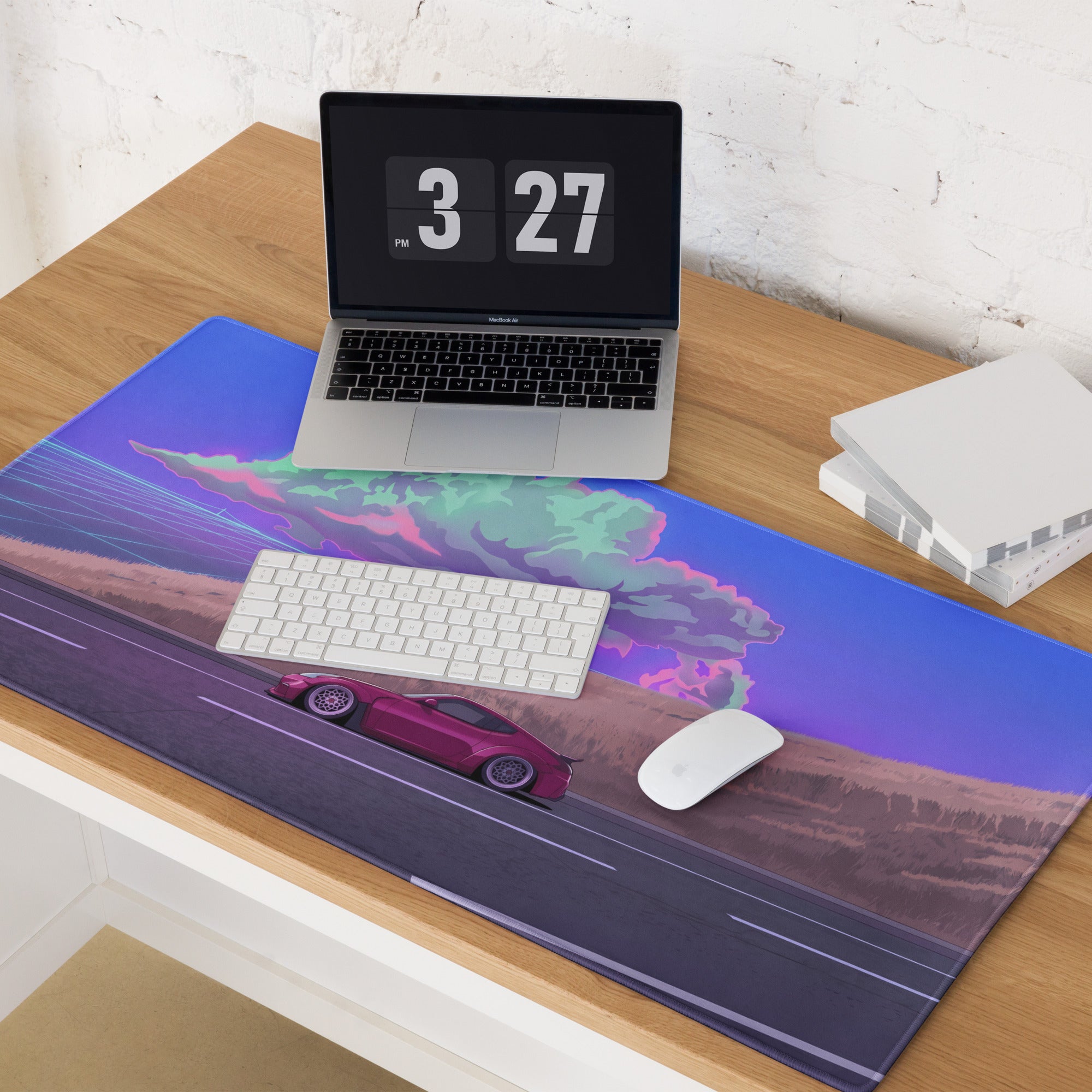 Nissan 370Z Z34 Inspired Magenta Blue Vaporwave Gaming Mouse Pad, Neon JDM Sports Car Desk Mat with Retro Futuristic Highway Cloud Artwork