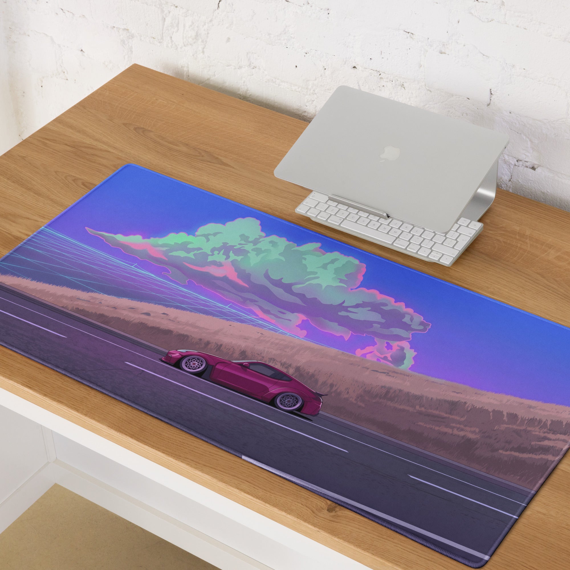 Nissan 370Z Z34 Inspired Magenta Blue Vaporwave Gaming Mouse Pad, Neon JDM Sports Car Desk Mat with Retro Futuristic Highway Cloud Artwork