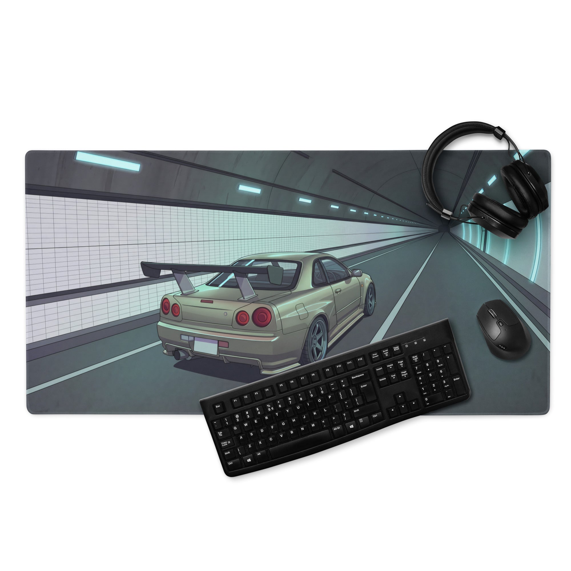 Nissan Skyline GT-R R34 Inspired Silver Blue Vaporwave Gaming Mouse Pad, JDM Sports Car Desk Mat with Futuristic Neon Tunnel Artwork