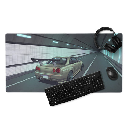 Nissan Skyline GT-R R34 Inspired Silver Blue Vaporwave Gaming Mouse Pad, JDM Sports Car Desk Mat with Futuristic Neon Tunnel Artwork
