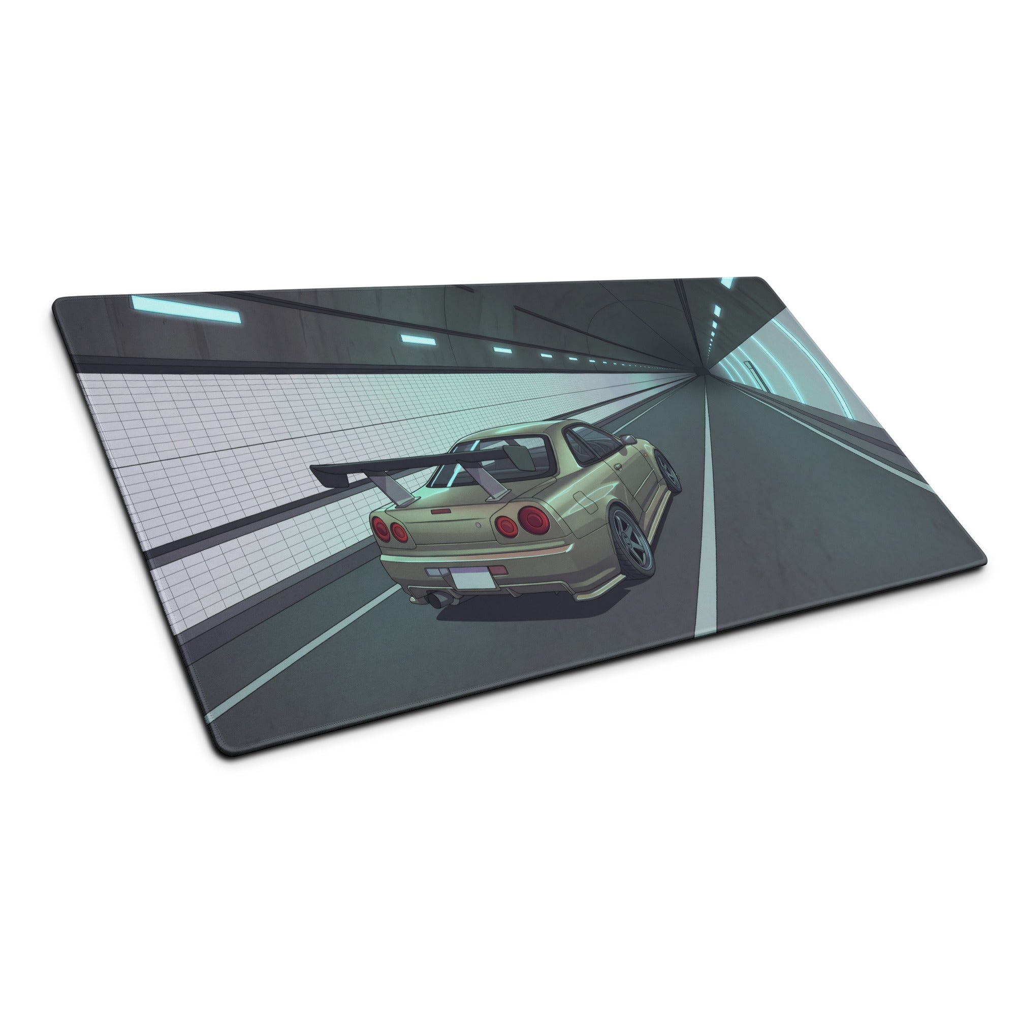 Nissan Skyline GT-R R34 Inspired Silver Blue Vaporwave Gaming Mouse Pad, JDM Sports Car Desk Mat with Futuristic Neon Tunnel Artwork