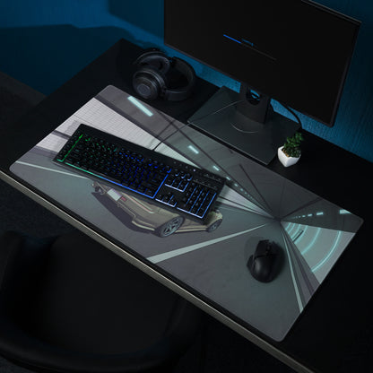 Nissan Skyline GT-R R34 Inspired Silver Blue Vaporwave Gaming Mouse Pad, JDM Sports Car Desk Mat with Futuristic Neon Tunnel Artwork