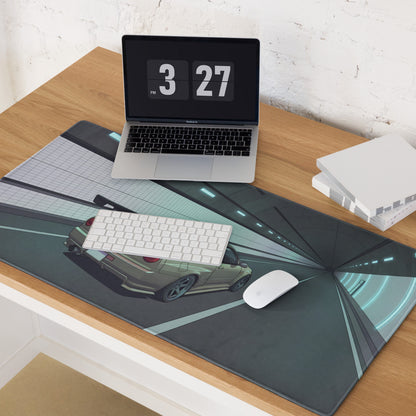 Nissan Skyline GT-R R34 Inspired Silver Blue Vaporwave Gaming Mouse Pad, JDM Sports Car Desk Mat with Futuristic Neon Tunnel Artwork