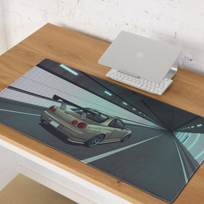 Nissan Skyline GT-R R34 Inspired Silver Blue Vaporwave Gaming Mouse Pad, JDM Sports Car Desk Mat with Futuristic Neon Tunnel Artwork