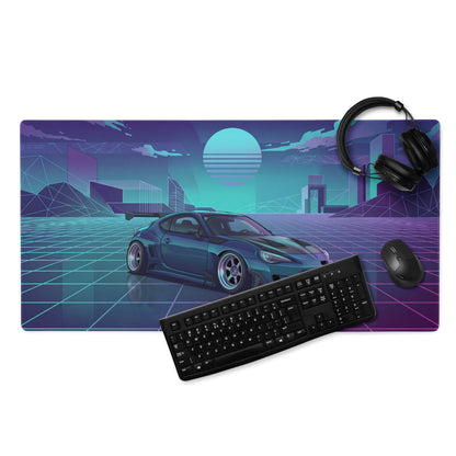 Toyota 86 Inspired Teal Purple Vaporwave Gaming Mouse Pad, Neon JDM Sports Car Desk Mat with Retro Futuristic Cyber Grid City Artwork