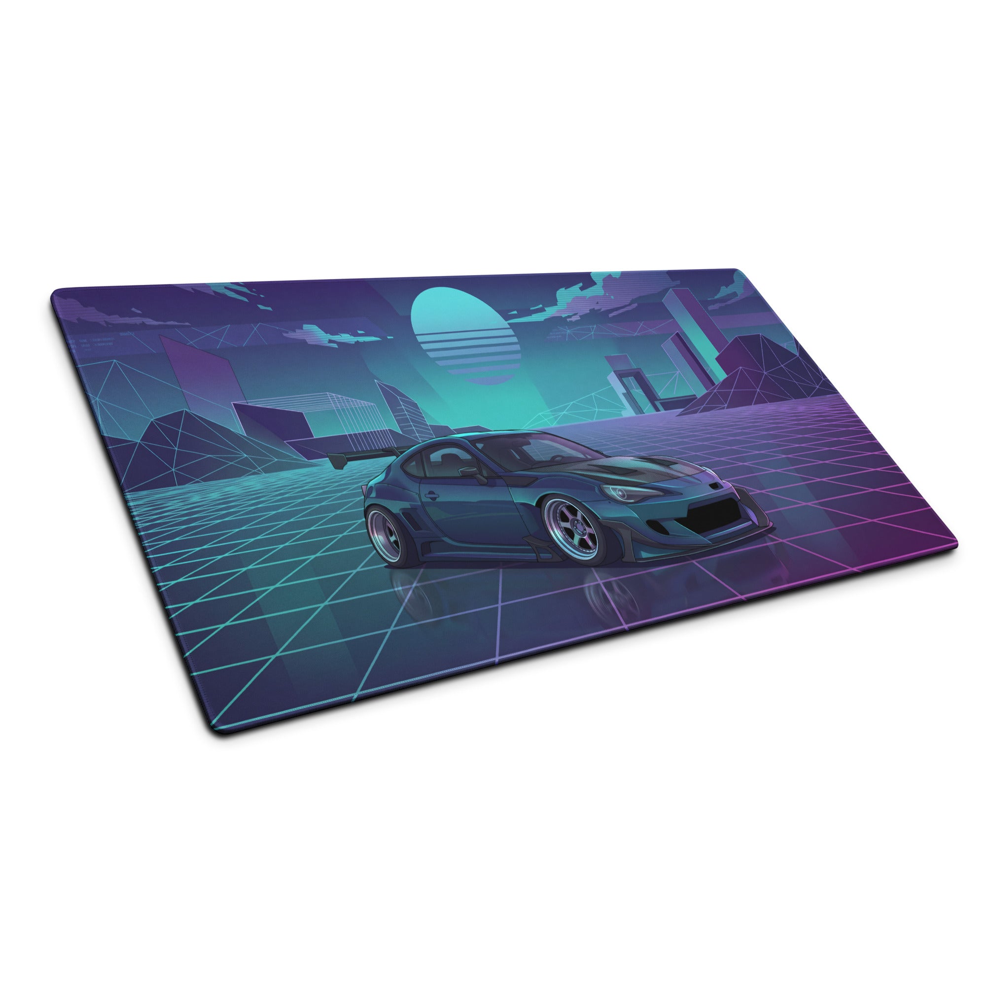 Toyota 86 Inspired Teal Purple Vaporwave Gaming Mouse Pad, Neon JDM Sports Car Desk Mat with Retro Futuristic Cyber Grid City Artwork