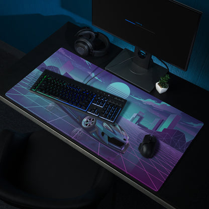 Toyota 86 Inspired Teal Purple Vaporwave Gaming Mouse Pad, Neon JDM Sports Car Desk Mat with Retro Futuristic Cyber Grid City Artwork