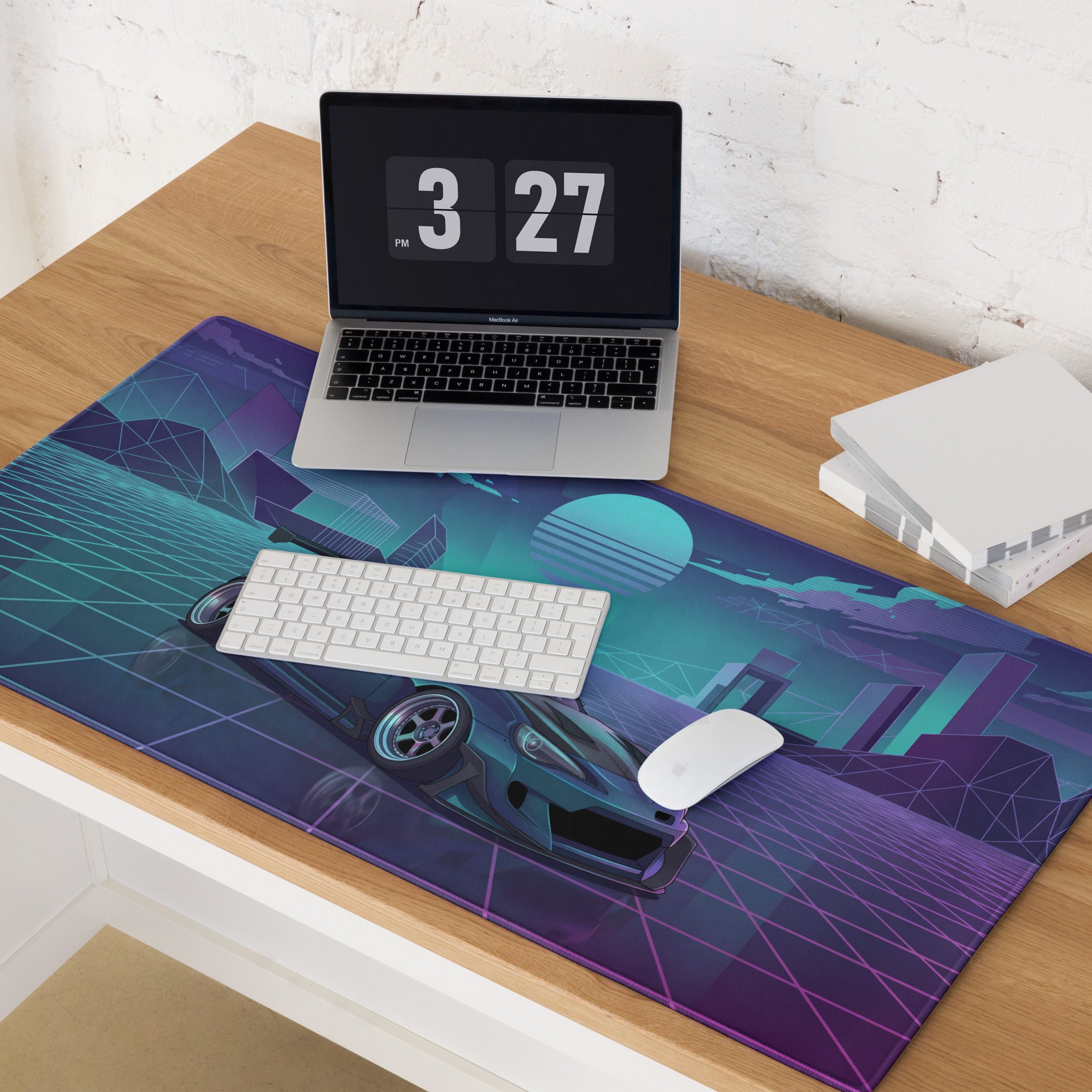 Toyota 86 Inspired Teal Purple Vaporwave Gaming Mouse Pad, Neon JDM Sports Car Desk Mat with Retro Futuristic Cyber Grid City Artwork