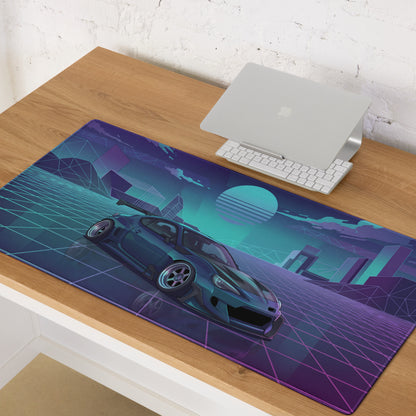 Toyota 86 Inspired Teal Purple Vaporwave Gaming Mouse Pad, Neon JDM Sports Car Desk Mat with Retro Futuristic Cyber Grid City Artwork