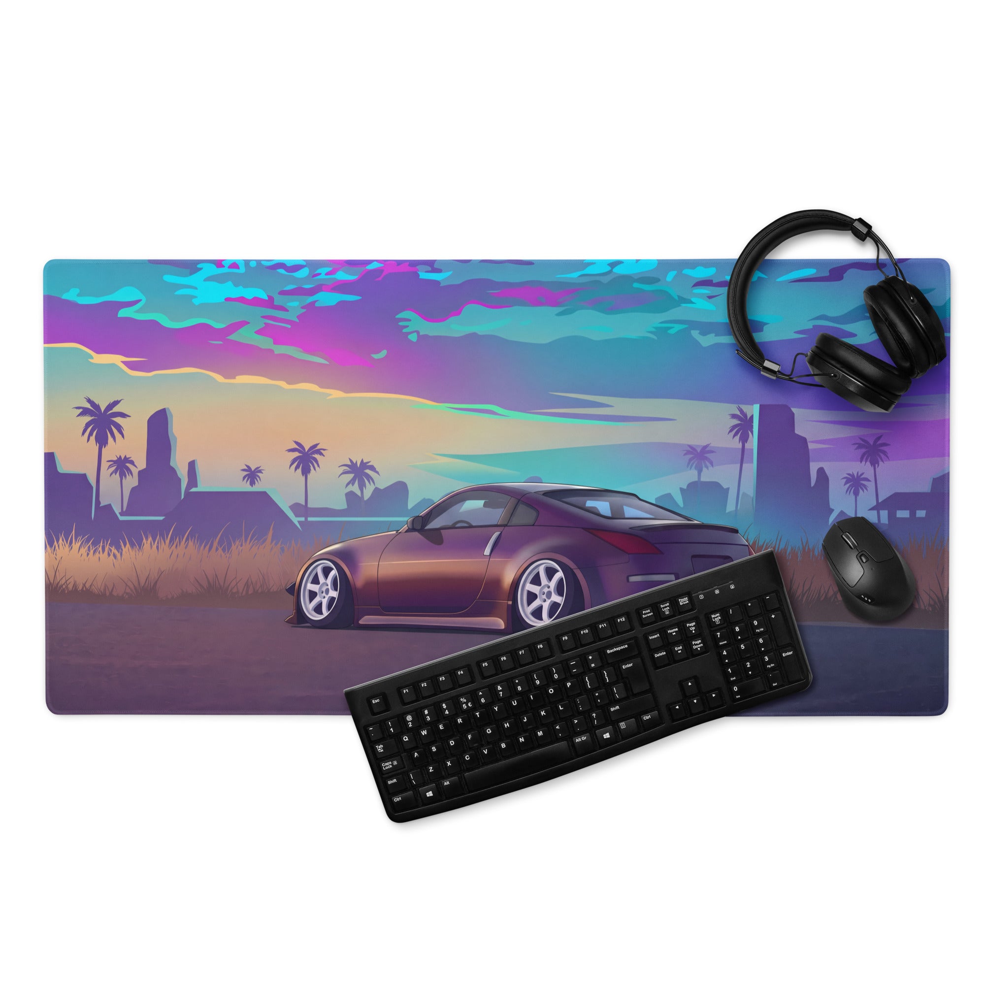 Nissan 350Z Z33 Inspired Purple Blue Vaporwave Gaming Mouse Pad, Neon JDM Sports Car Desk Mat with Retro Futuristic Tropical Sunset Art