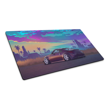 Nissan 350Z Z33 Inspired Purple Blue Vaporwave Gaming Mouse Pad, Neon JDM Sports Car Desk Mat with Retro Futuristic Tropical Sunset Art
