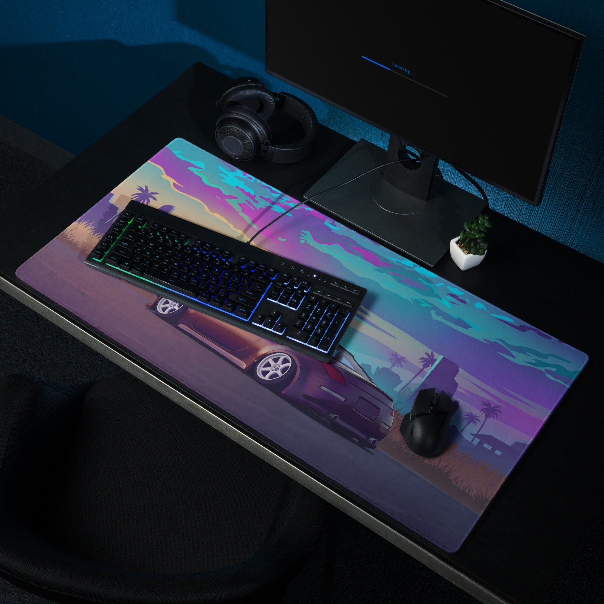 Nissan 350Z Z33 Inspired Purple Blue Vaporwave Gaming Mouse Pad, Neon JDM Sports Car Desk Mat with Retro Futuristic Tropical Sunset Art